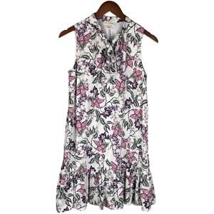 Maison Jules Dress Tie Neck White‎ Floral Mini Sleeveless Women's S Party NEW